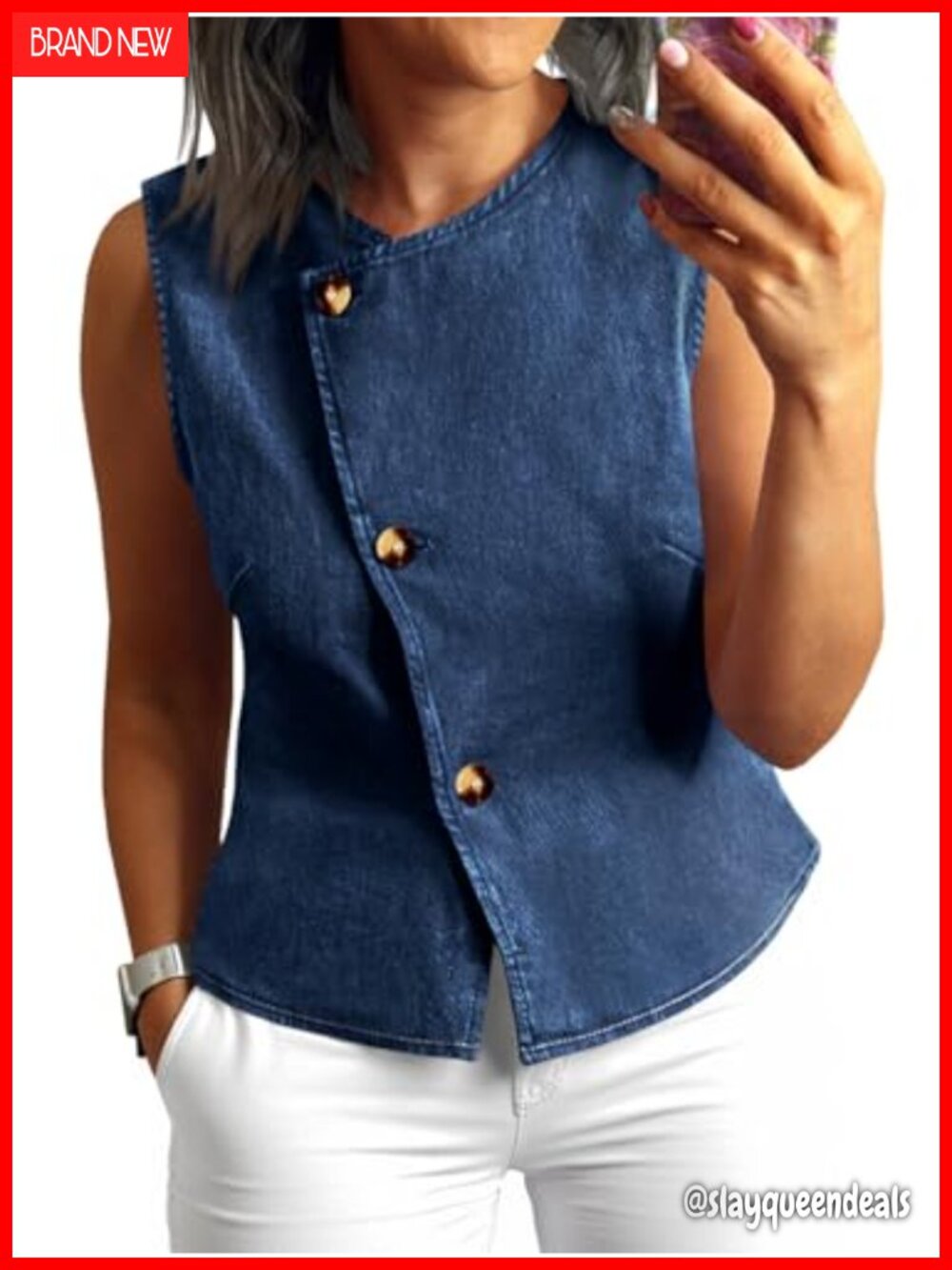 Sleeveless Button Down Denim Vest Tank Top Fitted Jean Waistcoat